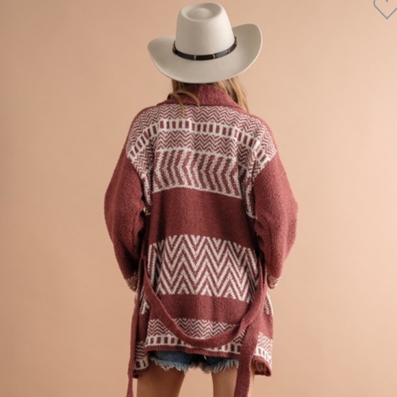 82. CLEARANCE Last 1! Soft pocket Burnt Red/light burgundy Aztec belted cardigan - Picture 2 of 12